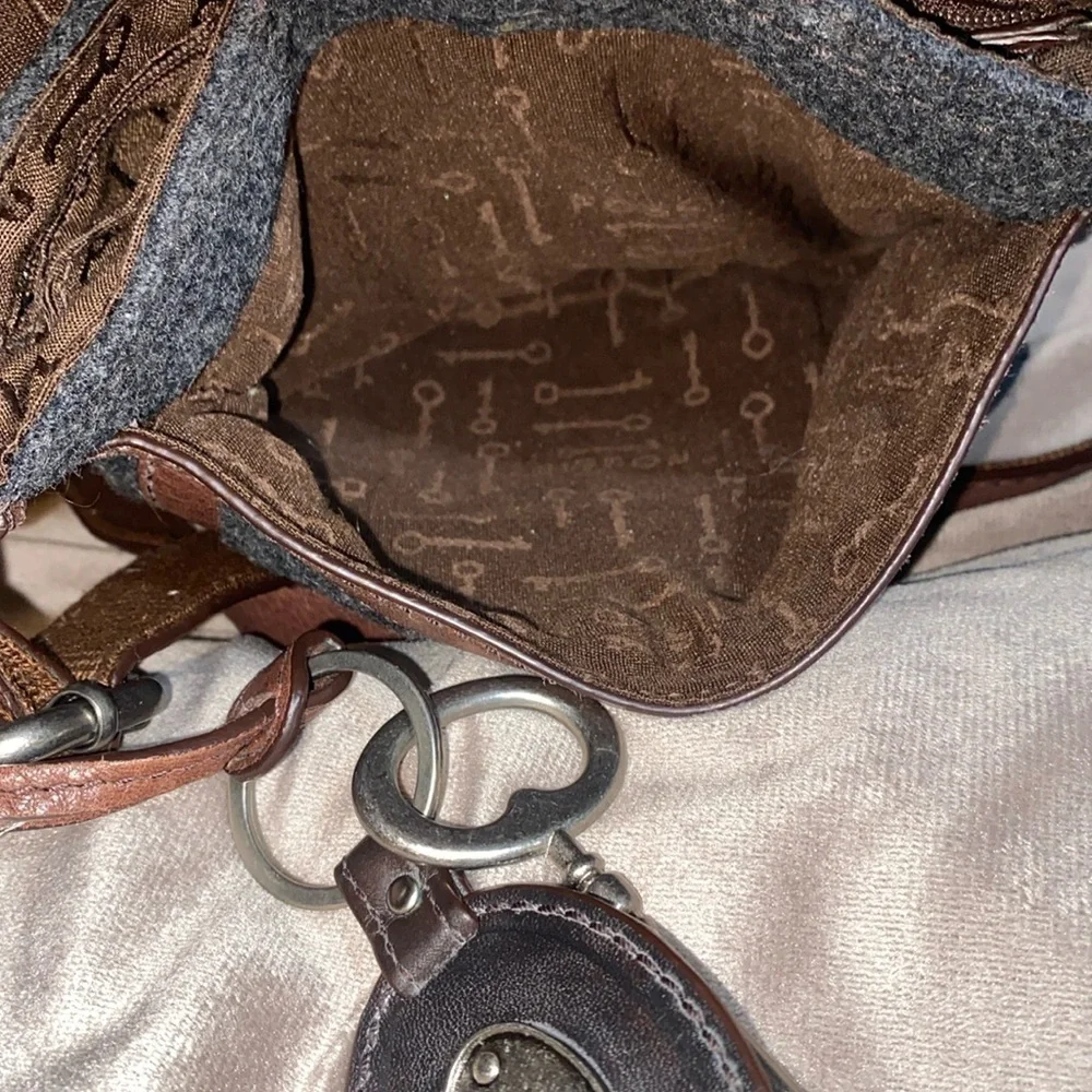 FOSSIL Vintage Maddox Faux Fur Gray Brown Crossbody Bag Saddle Bag